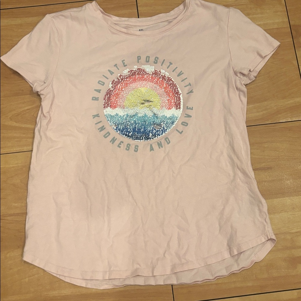 GAP Light Pink "Radiate Positivity Kindness and Love" shirt with sequin sunset